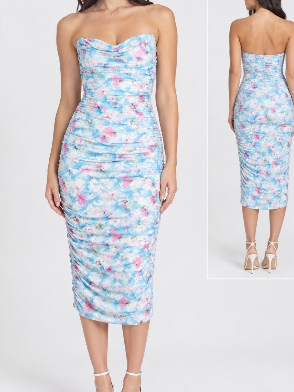4SI3NNA Strapless Blue Floral Ruched Midi Dress